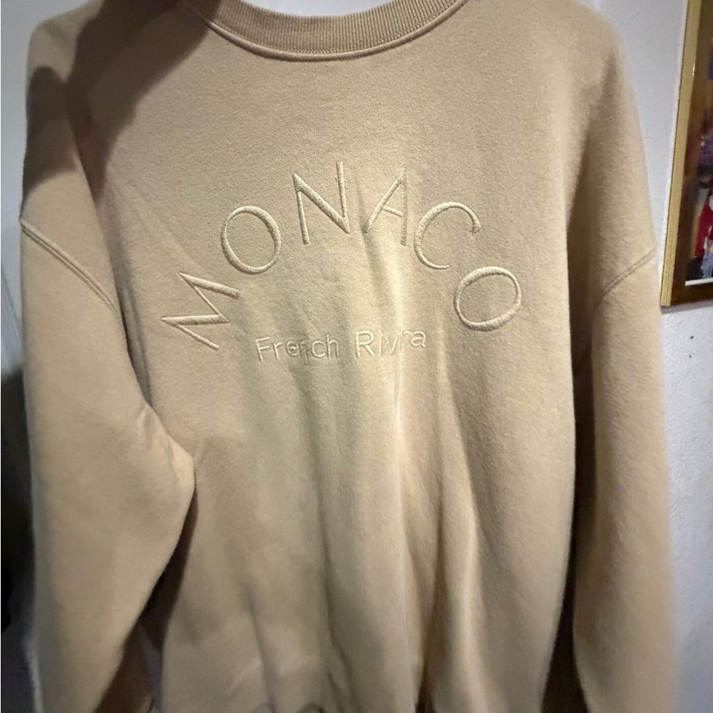GB girls beige crewneck sweater with embossed MONACO logo